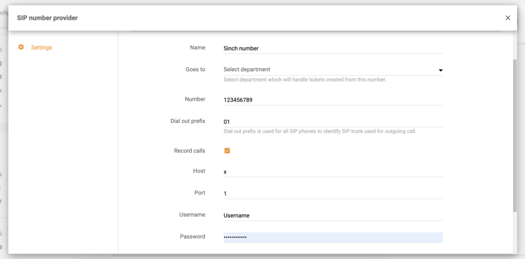 Configuração do número de Sinch no LiveAgent