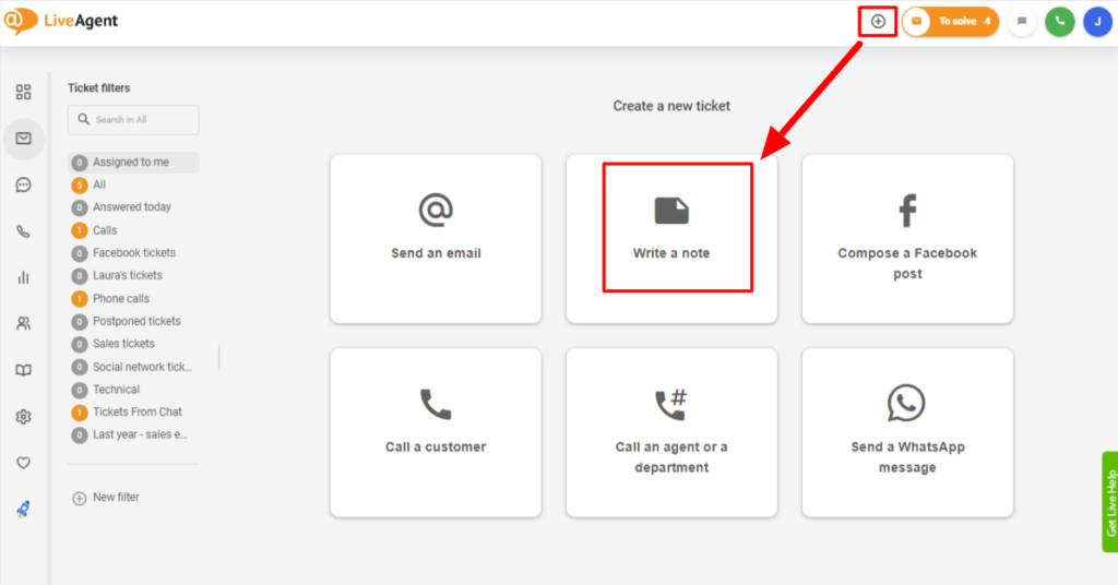 LiveAgent - use notas internas para criar um ticket