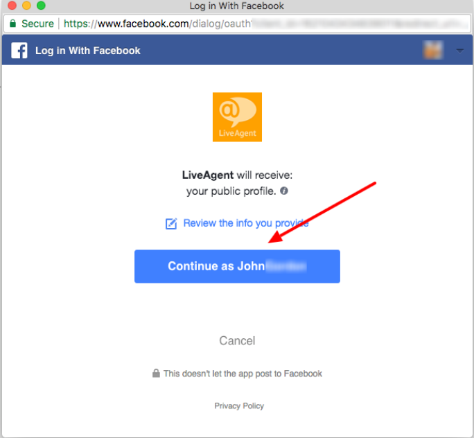 Acessando sua conta do Facebook através do LiveAgent como parte do processo de integração