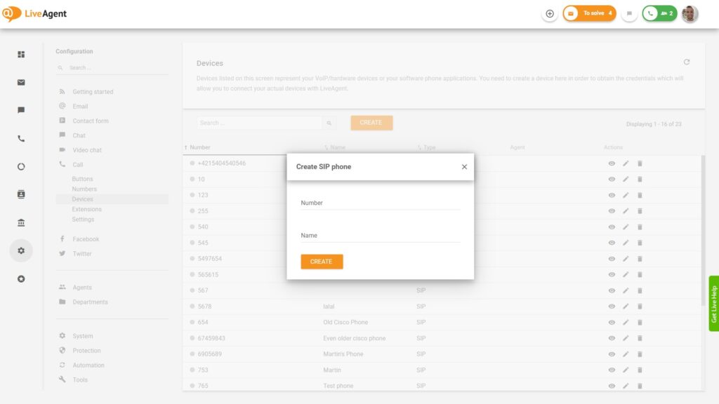 Dispositivos do LiveAgent