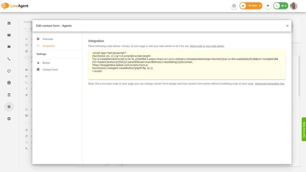 Integração do formulário de contato do LiveAgent nas configurações com código.